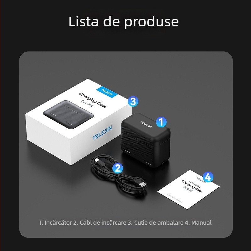 TELESIN Încărcător de baterie Insta360 X4 cu cutie de încărcare și cablu de alimentare, model S0-BCG-07-TIS, plastic