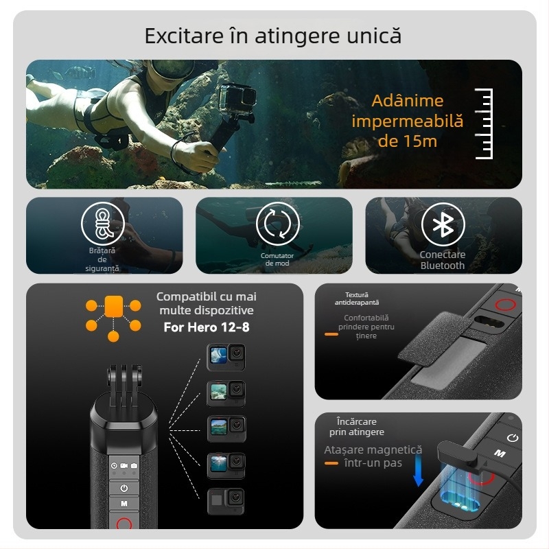 Telesin Bluetooth Buoyancy Stick Snorkel Handle pentru GoPro 8-13, Model S4-fhg-01-tgp, Material: Plastic