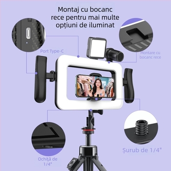 Lampă inel pentru fotografie, portabilă și reîncărcabilă pentru transmisiuni live, model K03; 6.6W, 5V/1A, temperatură a culorii reglabilă 2500K–9900K