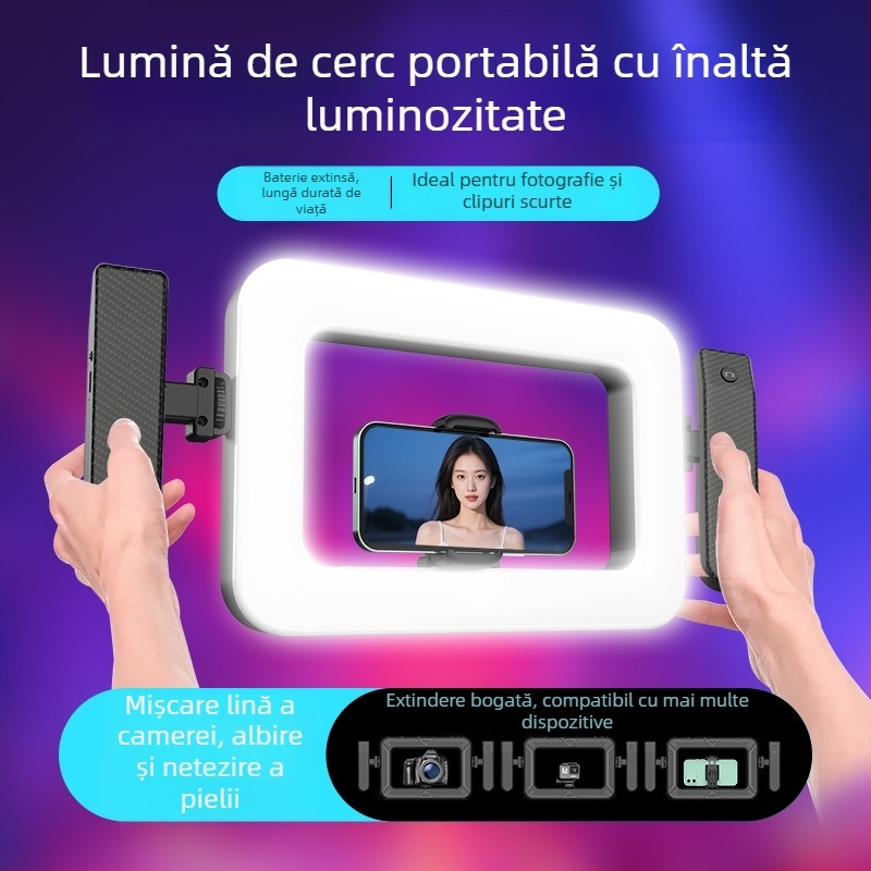 Lampă inel pentru fotografie, portabilă și reîncărcabilă pentru transmisiuni live, model K03; 6.6W, 5V/1A, temperatură a culorii reglabilă 2500K–9900K