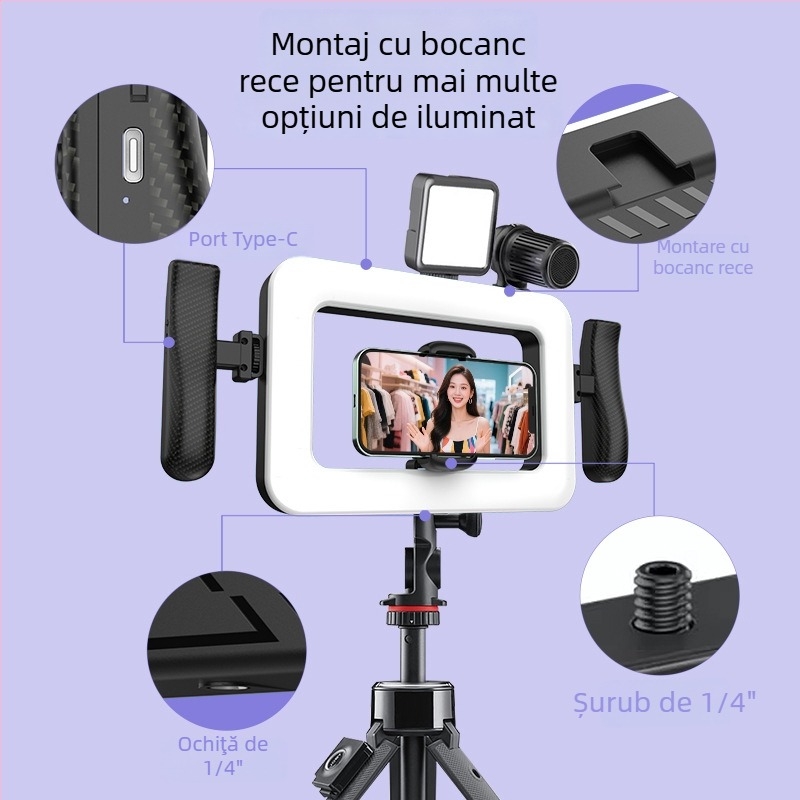 Lampă inel pentru fotografie, portabilă și reîncărcabilă pentru transmisiuni live, model K03; 6.6W, 5V/1A, temperatură a culorii reglabilă 2500K–9900K