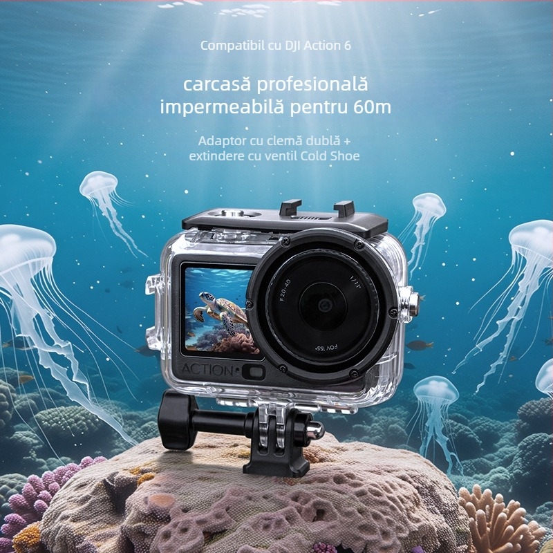 Carcasă protectoare etanșă pentru DJI Action6, până la 60 m scufundări, construcție din sticlă întărită + oțel inoxidabil 316; include carcasă, șurub, bază; personalizare logo disponibil