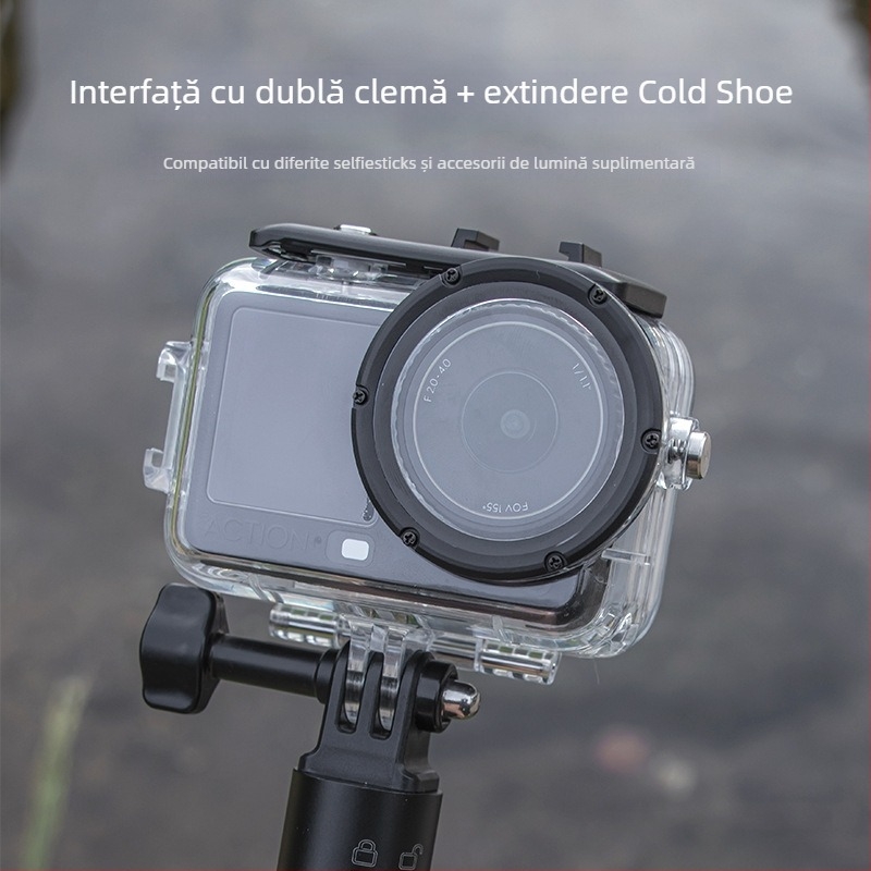 Carcasă protectoare etanșă pentru DJI Action6, până la 60 m scufundări, construcție din sticlă întărită + oțel inoxidabil 316; include carcasă, șurub, bază; personalizare logo disponibil