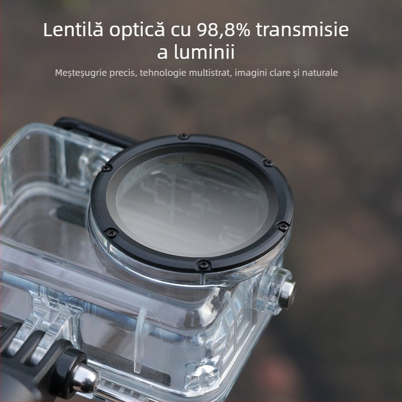 Carcasă protectoare etanșă pentru DJI Action6, până la 60 m scufundări, construcție din sticlă întărită + oțel inoxidabil 316; include carcasă, șurub, bază; personalizare logo disponibil