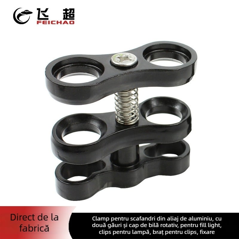 Clip fluture din aliaj de aluminiu pentru iluminat la scufundări – cu două găuri, cap dublu cu bile, încărcare 2–5 kg, pentru echipament de fotografiere subacvat cu suport dublu de mână