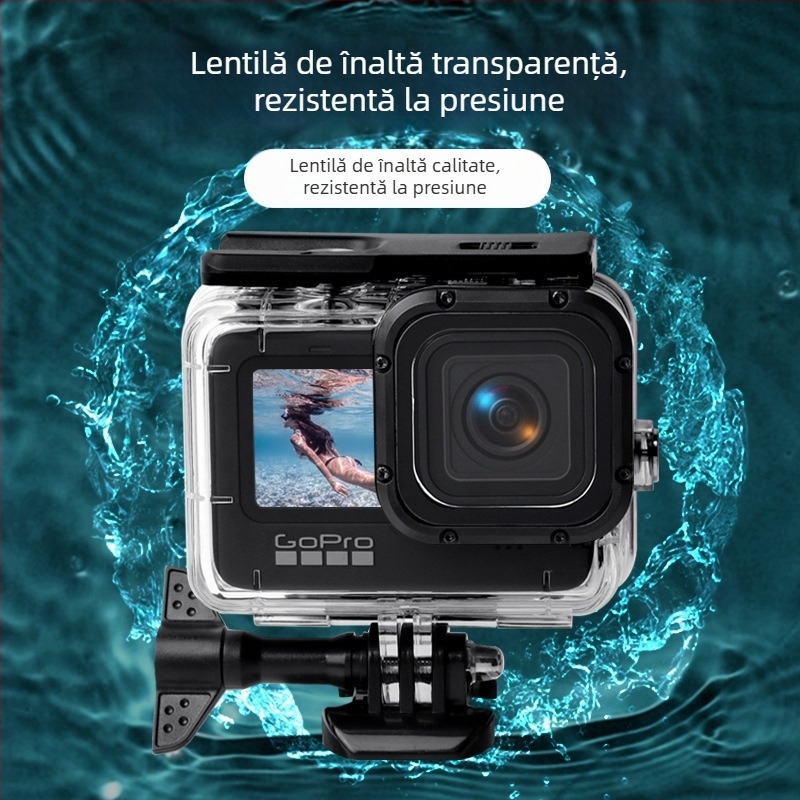 Carcasă GoPro pentru scufundări 9–13, cu touchscreen, până la 50 m adâncime, sticlă optică temperată + PC + oțel inoxidabil, instalare rapidă