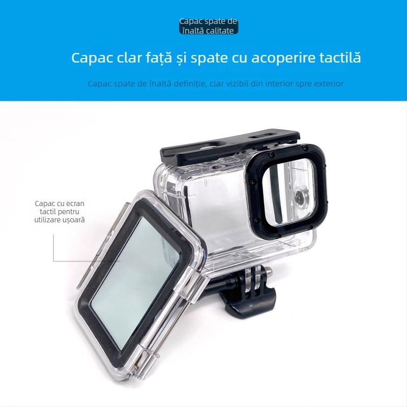 Carcasă GoPro pentru scufundări 9–13, cu touchscreen, până la 50 m adâncime, sticlă optică temperată + PC + oțel inoxidabil, instalare rapidă
