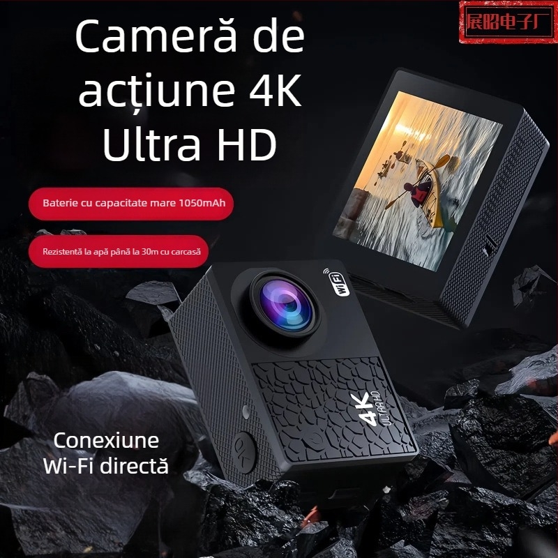 Cameră de acțiune 4K cu stabilizare, rezistentă la apă, Wi‑Fi, 12MP