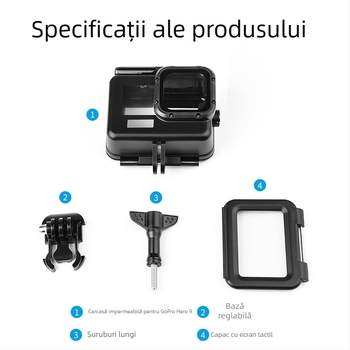 GP902 Carcasă etanșă pentru GoPro 9–13 Black Diamond, sticlă securizată + PC + oțel inoxidabil, adâncime 50 m, include carcasa și capacul din spate cu ecran tactil, logo personalizabil