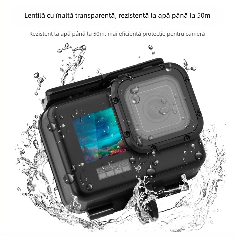 GP902 Carcasă etanșă pentru GoPro 9–13 Black Diamond, sticlă securizată + PC + oțel inoxidabil, adâncime 50 m, include carcasa și capacul din spate cu ecran tactil, logo personalizabil