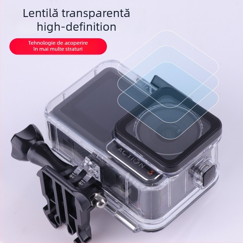 Carcasă etanșă pentru DJI Osmo Action 3/4/5 — sticlă optică + PC + oțel inoxidabil, capac spate cu ecran tactil, logo imprimat