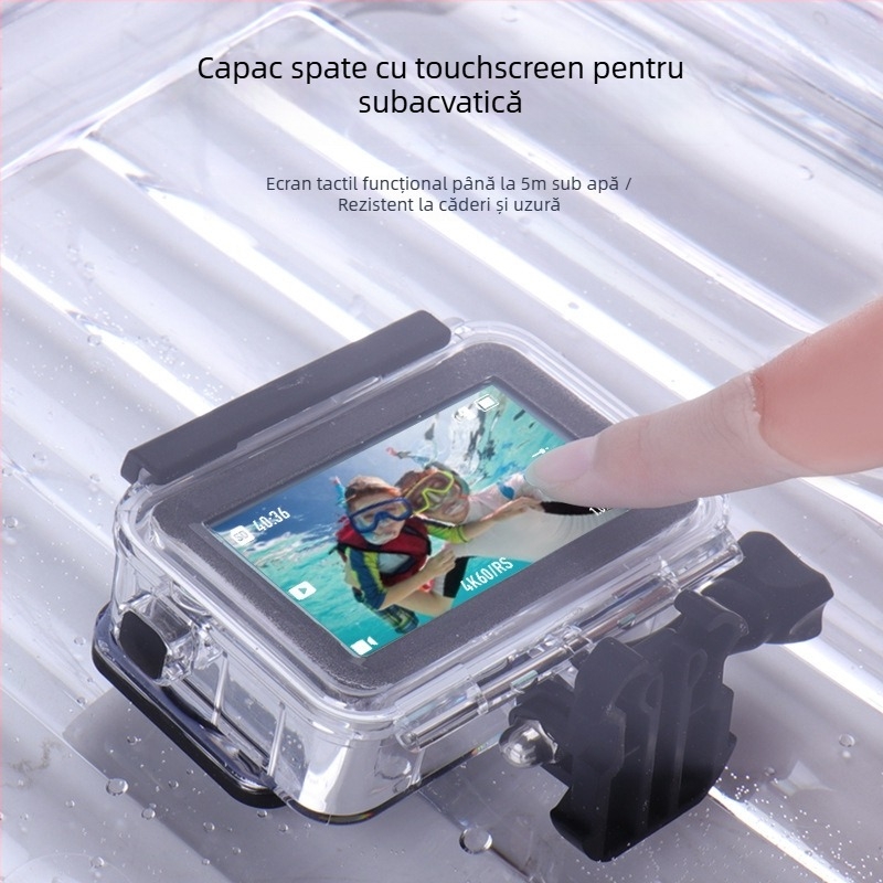 Carcasă etanșă pentru DJI Osmo Action 3/4/5 — sticlă optică + PC + oțel inoxidabil, capac spate cu ecran tactil, logo imprimat