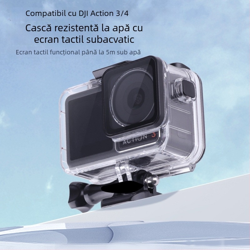 Carcasă etanșă pentru DJI Osmo Action 3/4/5 — sticlă optică + PC + oțel inoxidabil, capac spate cu ecran tactil, logo imprimat