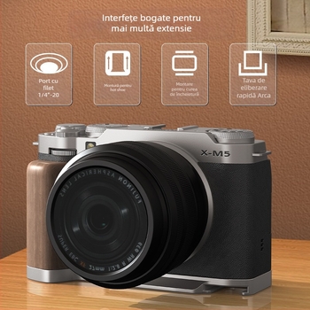 Bază tip L pentru Fujifilm X-M5L, sistem Arca quick-release, din aliaj de aluminiu + pad de silicon, încărcare 2–5 kg, greutate 90 g