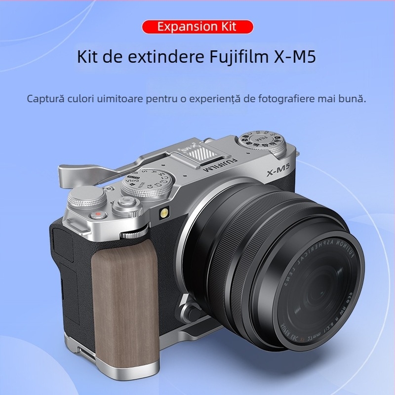 Bază tip L pentru Fujifilm X-M5L, sistem Arca quick-release, din aliaj de aluminiu + pad de silicon, încărcare 2–5 kg, greutate 90 g