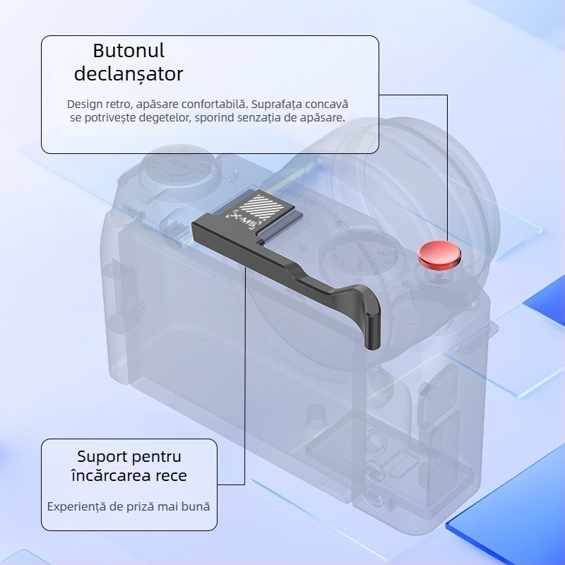 Bază tip L pentru Fujifilm X-M5L, sistem Arca quick-release, din aliaj de aluminiu + pad de silicon, încărcare 2–5 kg, greutate 90 g