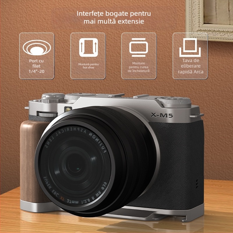 Bază tip L pentru Fujifilm X-M5L, sistem Arca quick-release, din aliaj de aluminiu + pad de silicon, încărcare 2–5 kg, greutate 90 g
