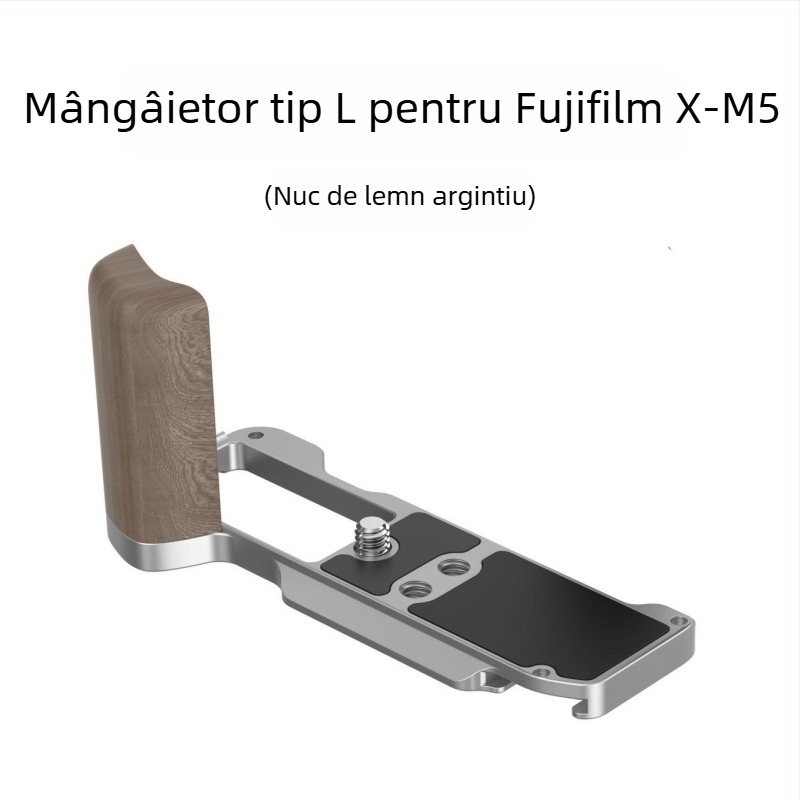Bază tip L pentru Fujifilm X-M5L, sistem Arca quick-release, din aliaj de aluminiu + pad de silicon, încărcare 2–5 kg, greutate 90 g
