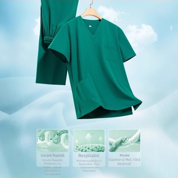 Set unisex de lucru în stil halat de laborator, poliester-elastan, evacuează umezeala, mâneci scurte, decolteu în V, set top și pantaloni