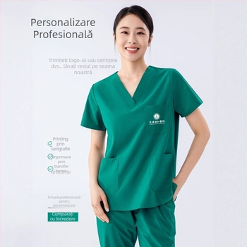 Set unisex de lucru în stil halat de laborator, poliester-elastan, evacuează umezeala, mâneci scurte, decolteu în V, set top și pantaloni