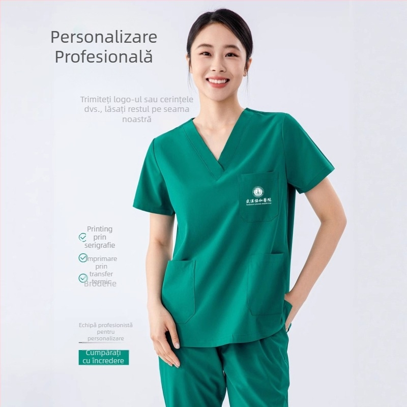 Set unisex de lucru în stil halat de laborator, poliester-elastan, evacuează umezeala, mâneci scurte, decolteu în V, set top și pantaloni