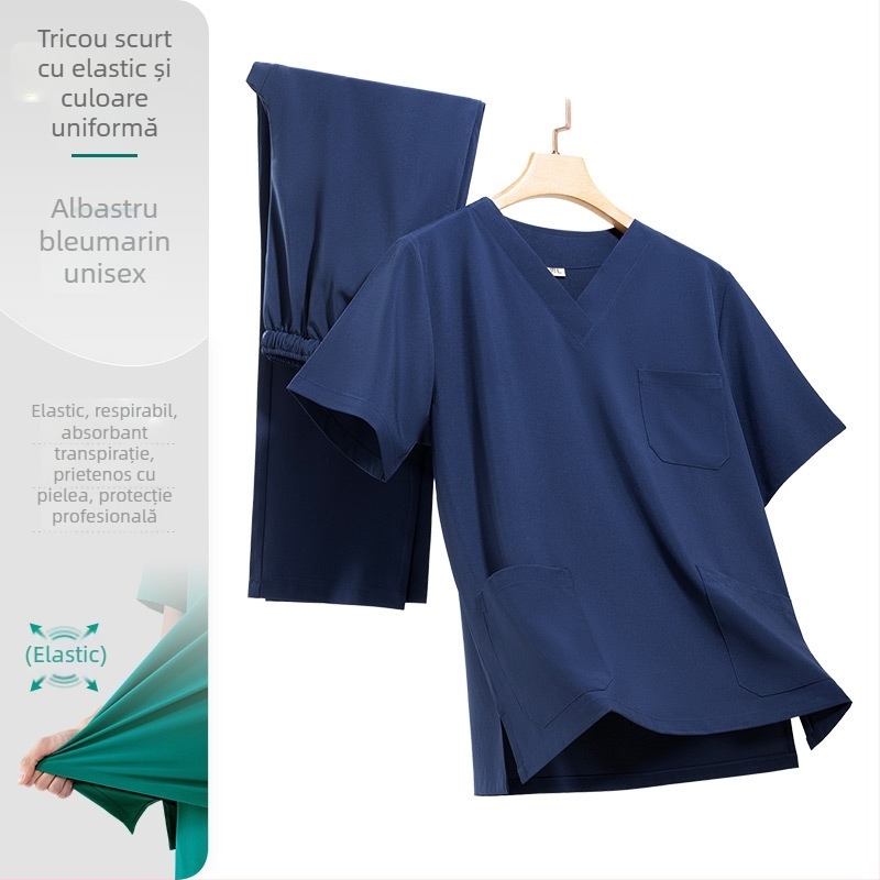 Set unisex de lucru în stil halat de laborator, poliester-elastan, evacuează umezeala, mâneci scurte, decolteu în V, set top și pantaloni
