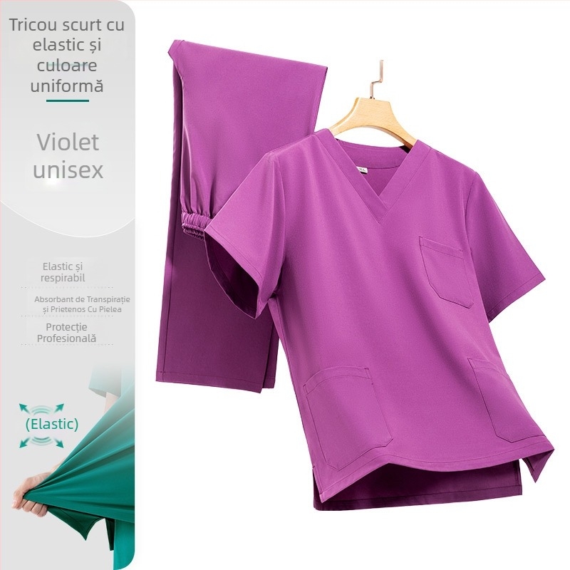 Set unisex de lucru în stil halat de laborator, poliester-elastan, evacuează umezeala, mâneci scurte, decolteu în V, set top și pantaloni