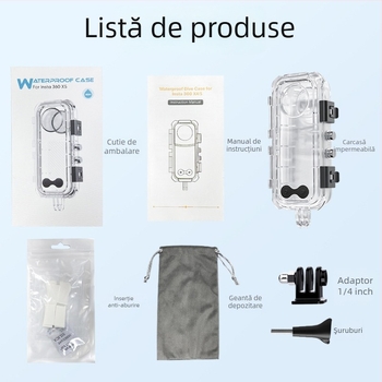 Carcasă impermeabilă pentru Insta360 X4/X5 – adâncime 60m, PC, include carcasa, bază și șuruburi