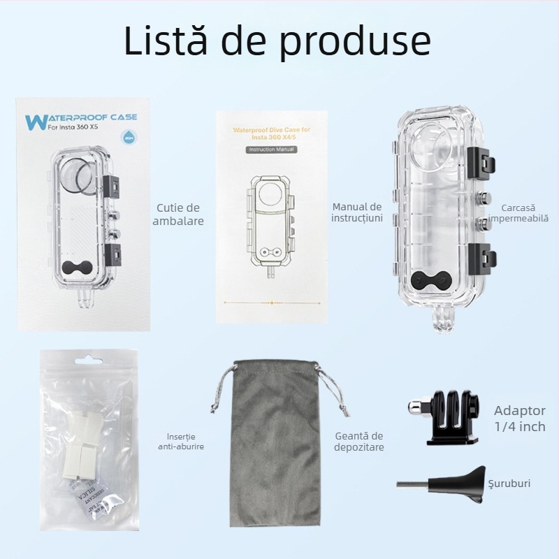 Carcasă impermeabilă pentru Insta360 X4/X5 – adâncime 60m, PC, include carcasa, bază și șuruburi