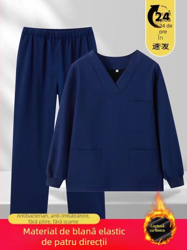Set medical unisex de lucru — iarnă, mâneci lungi, decolteu în V, țesătură poliester cu spandex (90–95% poliester)