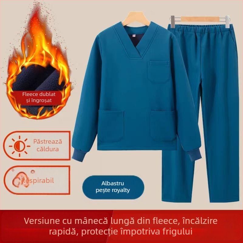 Set medical unisex de lucru — iarnă, mâneci lungi, decolteu în V, țesătură poliester cu spandex (90–95% poliester)