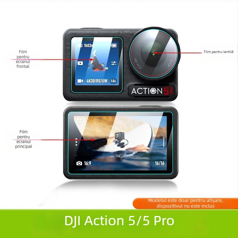 Film protector AR anti-reflexie pentru DJI Osmo Action 5 Pro (a 4-a generație) – PET, logo personalizabil, include card de culoare și instrument de aplicare
