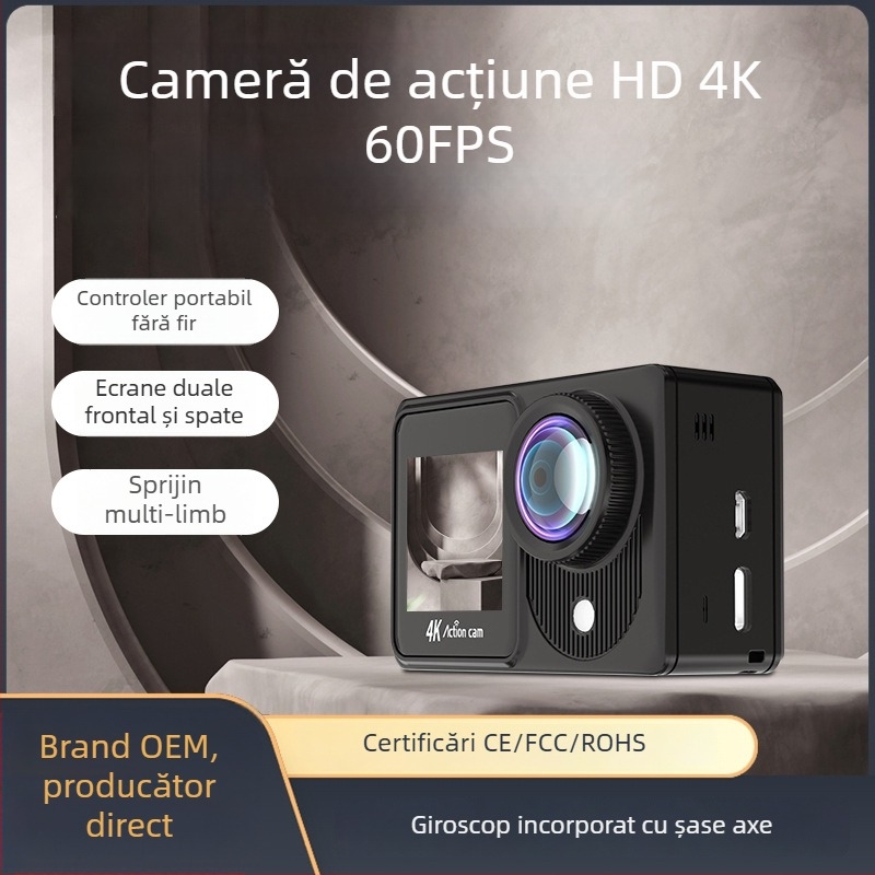 Cameră de acțiune pentru bicicletă – senzor 48 MP, stocare TF, ecrane LCD duale, model A26, autonomie baterie 90–110 minute
