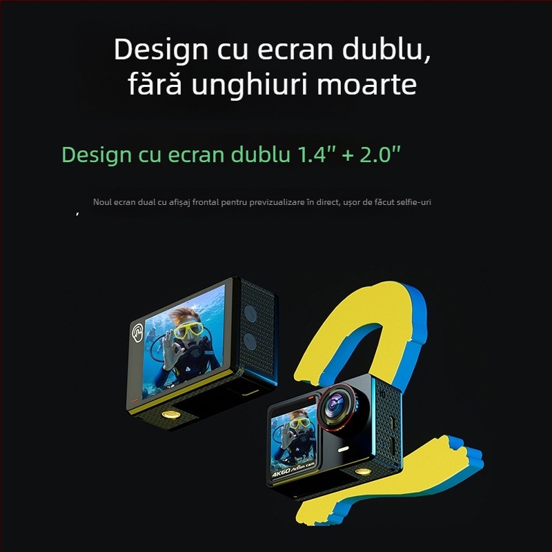 Cameră de acțiune pentru bicicletă – senzor 48 MP, stocare TF, ecrane LCD duale, model A26, autonomie baterie 90–110 minute