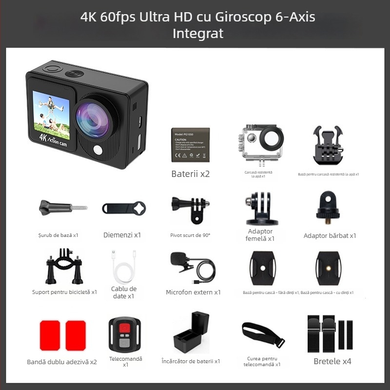 Cameră de acțiune pentru bicicletă – senzor 48 MP, stocare TF, ecrane LCD duale, model A26, autonomie baterie 90–110 minute