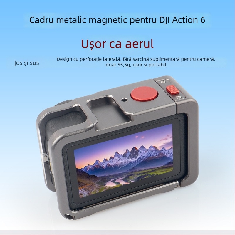 DJI Action6 cadru din aliaj de aluminiu, cu eliberare magnetică, design ușor și protecție împotriva căderilor