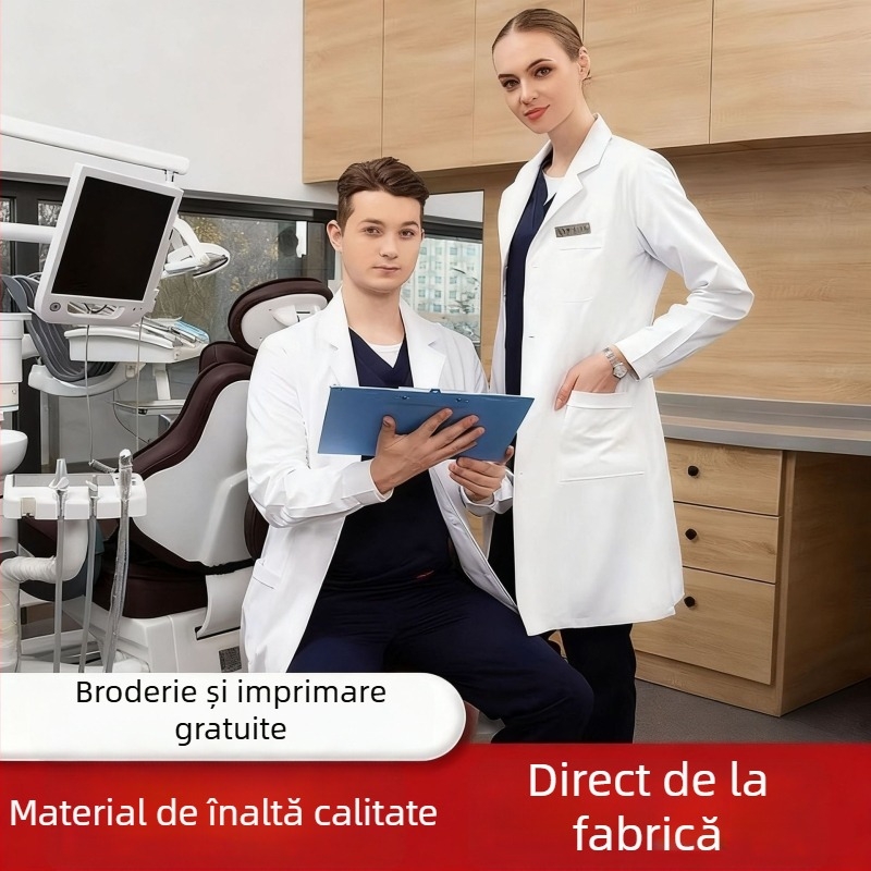 Halat medical unisex cu mâneci scurte, decolteu în V, țesătură poliester-bumbac (30–50% bumbac), absorbție rapidă a umezelii, lungime medie 65–80 cm
