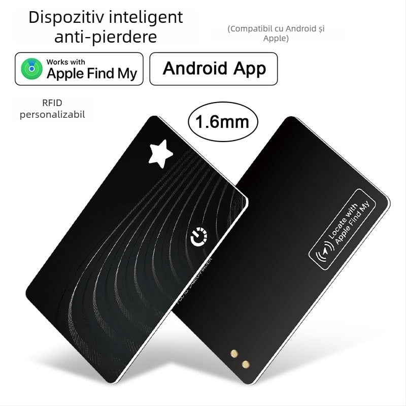 Together AL001 Card Anti-Lost Device pentru iOS (iOS14.5+), baterie 100 mAh, rază 60–100 m, greutate 11 g, interfață personalizabilă și imprimare logo