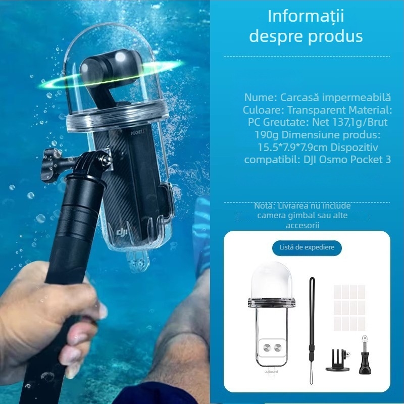 Caseră impermeabilă Pocket3 pentru DJI Pocket3 - construcție din plastic; Include husă impermeabilă, curea de mână, bază adaptor 1/4", șurub lung, 12 foi antiaburire