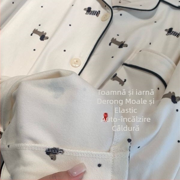 Set de pijamale pentru femei – velur cald, imprimeu cu câine, mâneci lungi, pentru iarnă
