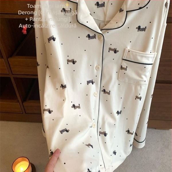 Set de pijamale pentru femei – velur cald, imprimeu cu câine, mâneci lungi, pentru iarnă