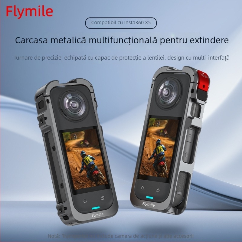 Ramă de protecție Insta360 X5 Rabbit Cage – aliaj de aluminiu + capac din silicon pentru obiectiv, 63,5 g; include: ramă pentru cușcă, capac de obiectiv și 4 vată anti-vânt