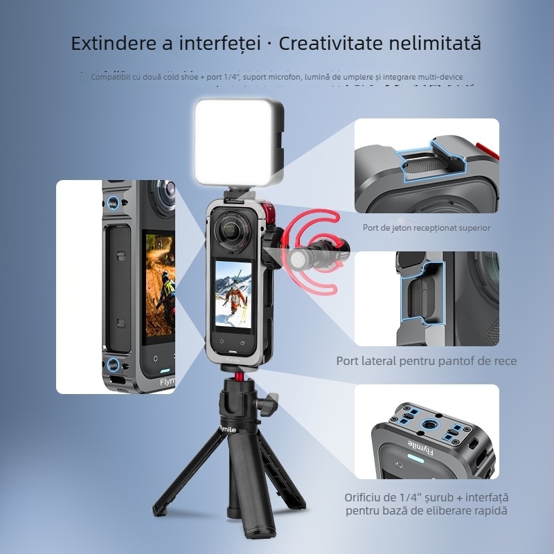 Ramă de protecție Insta360 X5 Rabbit Cage – aliaj de aluminiu + capac din silicon pentru obiectiv, 63,5 g; include: ramă pentru cușcă, capac de obiectiv și 4 vată anti-vânt