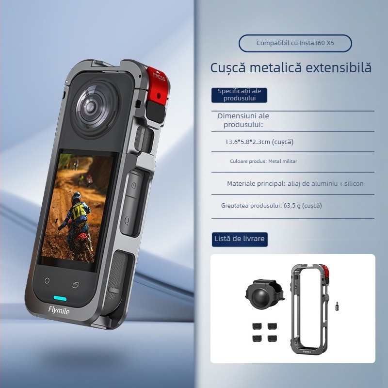 Ramă de protecție Insta360 X5 Rabbit Cage – aliaj de aluminiu + capac din silicon pentru obiectiv, 63,5 g; include: ramă pentru cușcă, capac de obiectiv și 4 vată anti-vânt