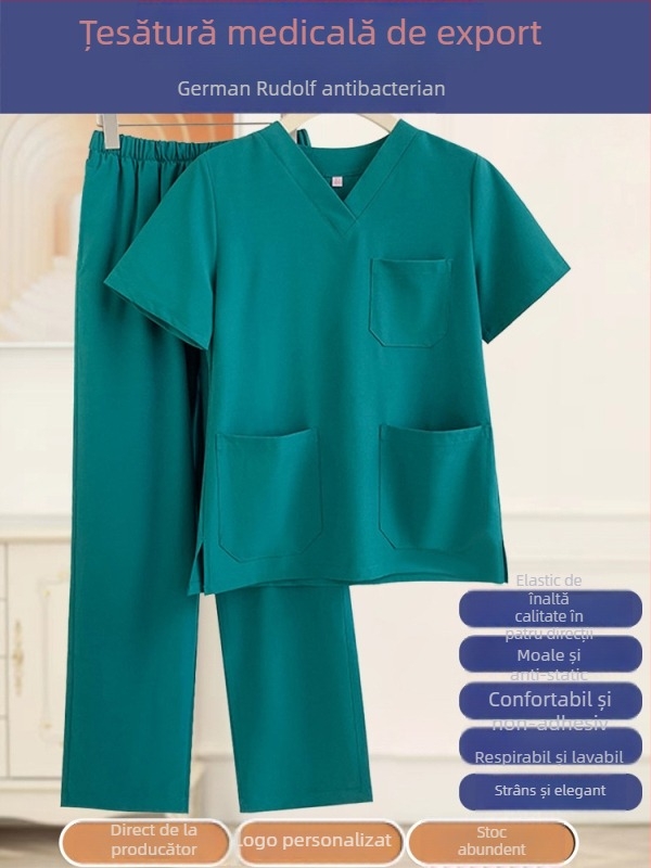 Set medical din două piese pentru clinici veterinare și stomatologice, top cu mânecă scurtă și decolteu în V și pantaloni, materiale care elimină umezeala, țesătură cu elasticitate în patru direcții, 90–95% fibre de celuloză regenerată