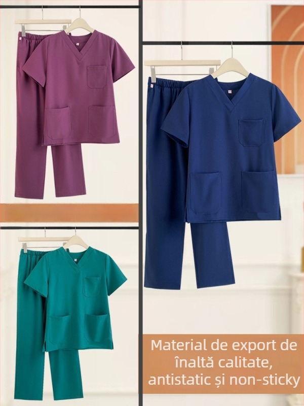 Set medical din două piese pentru clinici veterinare și stomatologice, top cu mânecă scurtă și decolteu în V și pantaloni, materiale care elimină umezeala, țesătură cu elasticitate în patru direcții, 90–95% fibre de celuloză regenerată
