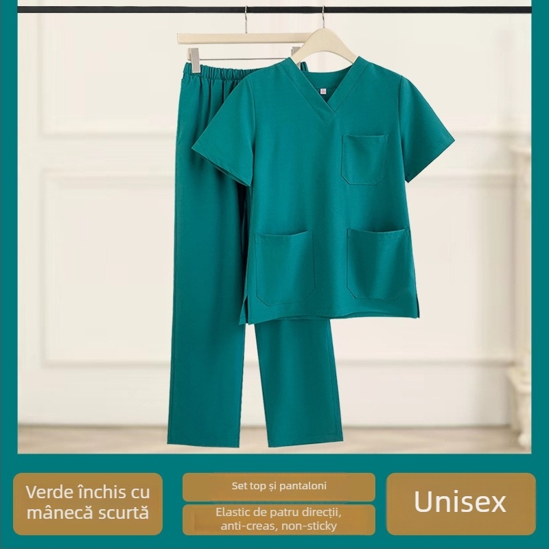 Set medical din două piese pentru clinici veterinare și stomatologice, top cu mânecă scurtă și decolteu în V și pantaloni, materiale care elimină umezeala, țesătură cu elasticitate în patru direcții, 90–95% fibre de celuloză regenerată