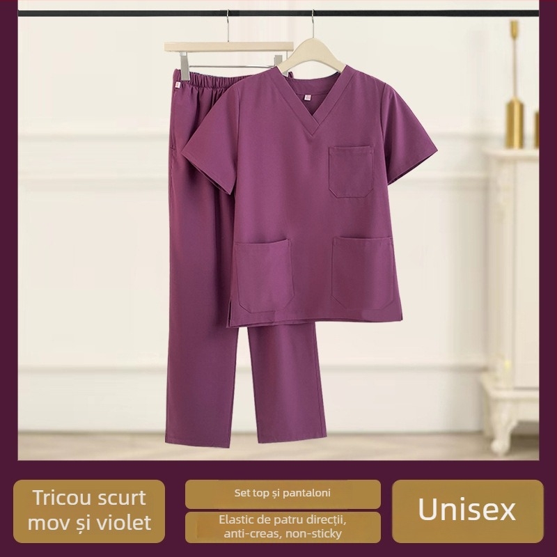 Set medical din două piese pentru clinici veterinare și stomatologice, top cu mânecă scurtă și decolteu în V și pantaloni, materiale care elimină umezeala, țesătură cu elasticitate în patru direcții, 90–95% fibre de celuloză regenerată