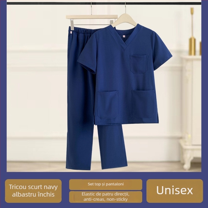 Set medical din două piese pentru clinici veterinare și stomatologice, top cu mânecă scurtă și decolteu în V și pantaloni, materiale care elimină umezeala, țesătură cu elasticitate în patru direcții, 90–95% fibre de celuloză regenerată