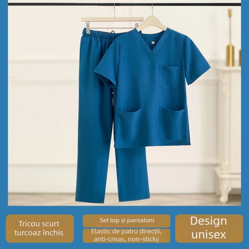 Set medical din două piese pentru clinici veterinare și stomatologice, top cu mânecă scurtă și decolteu în V și pantaloni, materiale care elimină umezeala, țesătură cu elasticitate în patru direcții, 90–95% fibre de celuloză regenerată